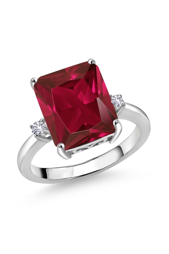925 Sterling Silver 12X10MM Red Created Ruby and 2MM White Created Sapphire 3 Stone Engagement Ring for Women | 5.78 Cttw | Gemstone July Birthstone | Size 5