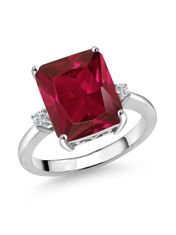 925 Sterling Silver 12X10MM Red Created Ruby and 2MM White Lab Grown Diamond 3 Stone Engagement Ring for Women | 5.78 Cttw | Gemstone July Birthstone | Size 6