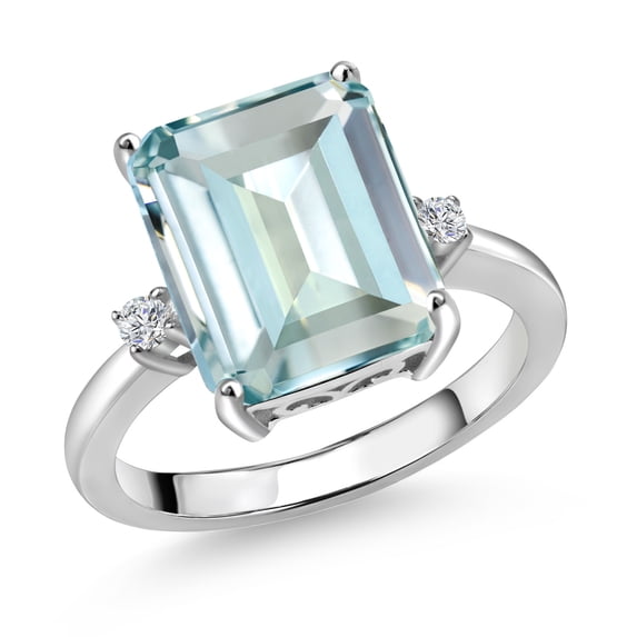 Gem Stone King 925 Sterling Silver 12X10MM Sky Blue Simulated Aquamarine and 2MM White Lab Grown Diamond 3 Stone Engagement Ring for Women | 5.49 Cttw | Gemstone March Birthstone | Size 8