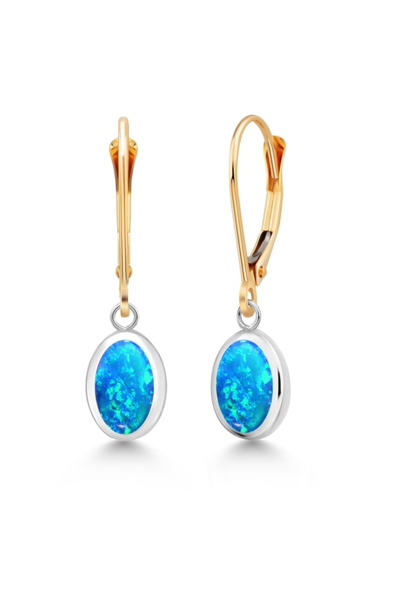 925 Sterling Silver and 14K Yellow Gold Blue Simulated Opal Drop Dangle Leverback Earrings for Women (2.12 Cttw, Gemstone Birthstone, Oval Cabochon 8X6MM)