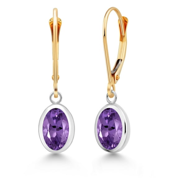 Gem Stone King 925 Sterling Silver and 14K Yellow Gold Purple Amethyst Drop Dangle Leverback Earrings for Women (2.30 Cttw, Gemstone Birthstone, Oval 8X6MM)