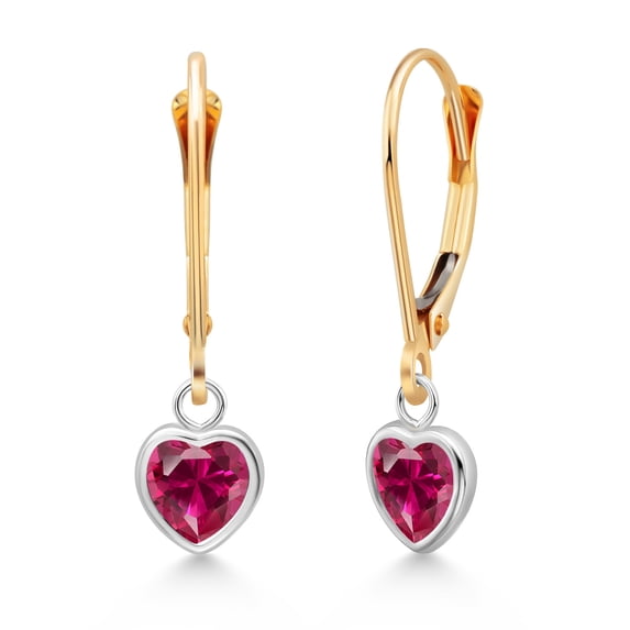 Gem Stone King 925 Sterling Silver and 14K Yellow Gold Red Created Ruby Drop Dangle Leverback Earrings for Women (1.92 Cttw, Gemstone Birthstone, Heart Shape 6MM)