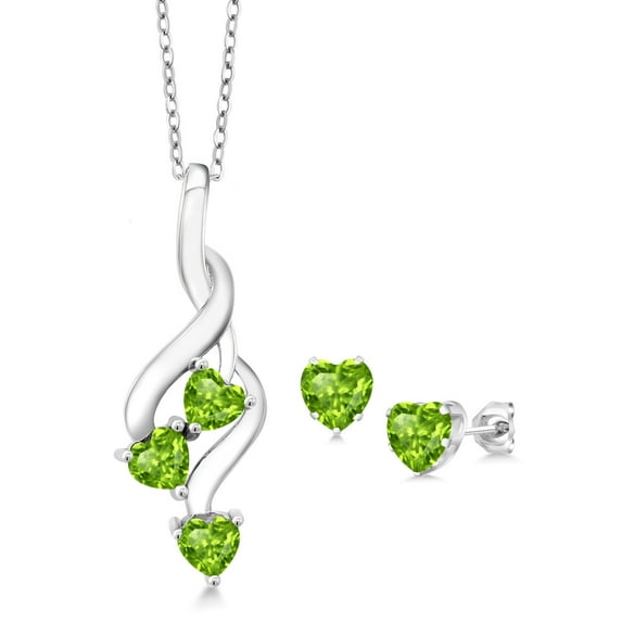 Gem Stone King 925 Sterling Silver 2.43 Ct Heart Shape Green Peridot Pendant and Earrings Jewelry Set