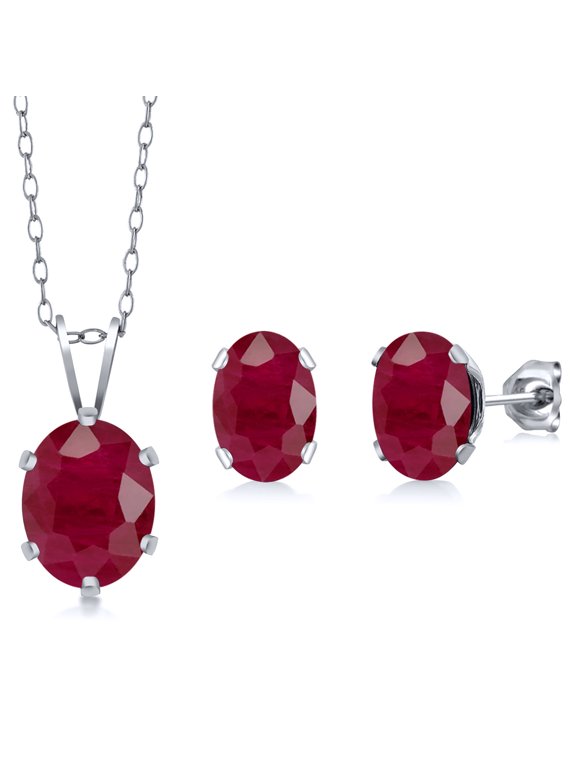 925 Sterling Silver 3.60 Ct Oval Red Ruby Solitaire Pendant and Earrings Jewelry Set