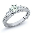 thumbnail image 1 of Gem Stone King 925 Sterling Silver 3-Stone Ring Round Sky Blue Aquamarine and Moissanite (0.70 Cttw, Size 5), 1 of 2