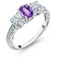 thumbnail image 1 of Gem Stone King 925 Sterling Silver 3-Stone Ring Checkerboard Amethyst Moissanite (1.87 Cttw), 1 of 6