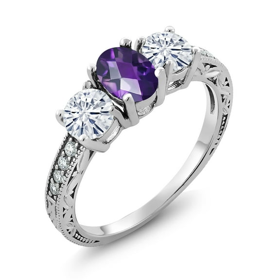 Gem Stone King 925 Sterling Silver 3-Stone Ring Checkerboard Amethyst Moissanite(1.87 Cttw) (Size 5)