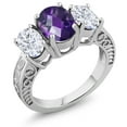 thumbnail image 1 of Gem Stone King 3.30 Cttw Oval Checkerboard Purple Amethyst and Moissanite 3-Stone Ring for Women | 925 Sterling Silver | Oval 9X7MM and 7X5MM | Gemstone Birthstone (Size 9), 1 of 3