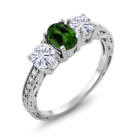 Gem Stone King 925 Sterling Silver 3-Stone Ring Chrome Diopside Moissanite(1.82 Cttw) (Size 9)