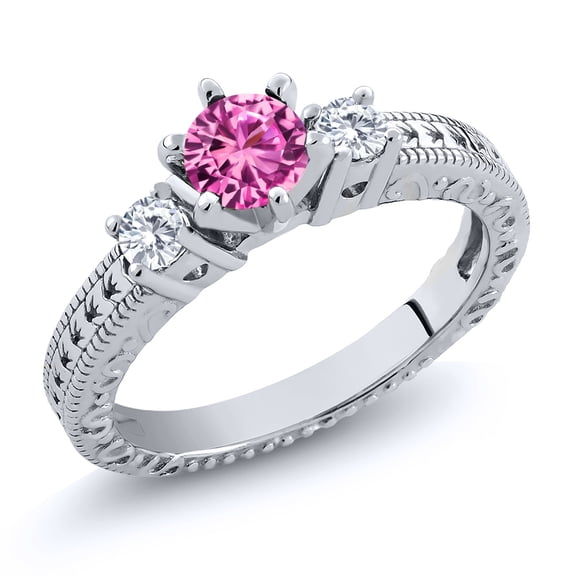 Gem Stone King 925 Sterling Silver 3-Stone Ring Round Pink Created Sapphire and Moissanite (0.75 Cttw, Size 6)