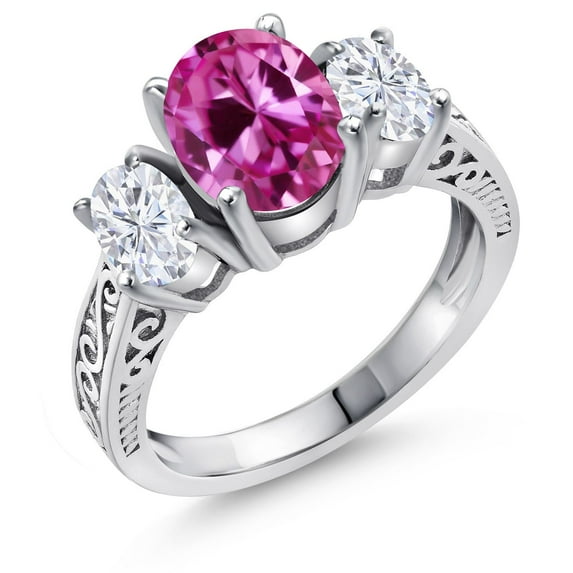 Gem Stone King 925 Sterling Silver 3-Stone Ring Created Sapphire Moissanite (2.00 Cttw)