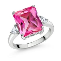 Gem Stone King 925 Sterling Silver 3-Stone Ring Octagon Pink Created Sapphire and Moissanite (6.92 Cttw, Size 5)