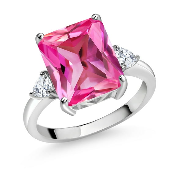 Gem Stone King 925 Sterling Silver 3-Stone Ring Octagon Pink Created Sapphire and Moissanite (6.92 Cttw, Size 5)