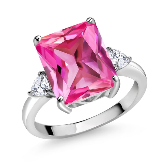 Gem Stone King 925 Sterling Silver 3-Stone Ring Octagon Pink Created Sapphire and Moissanite (6.92 Cttw, Size 5)
