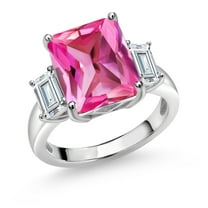 Gem Stone King 925 Sterling Silver 3-Stone Ring Octagon Pink Created Sapphire and Moissanite (7.74 Cttw, Size 7)