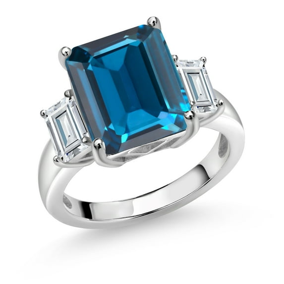 Gem Stone King 925 Sterling Silver 3-Stone Ring Set with Emerald Cut London Blue Topaz and Moissanite (8.66 Cttw, Size 5)
