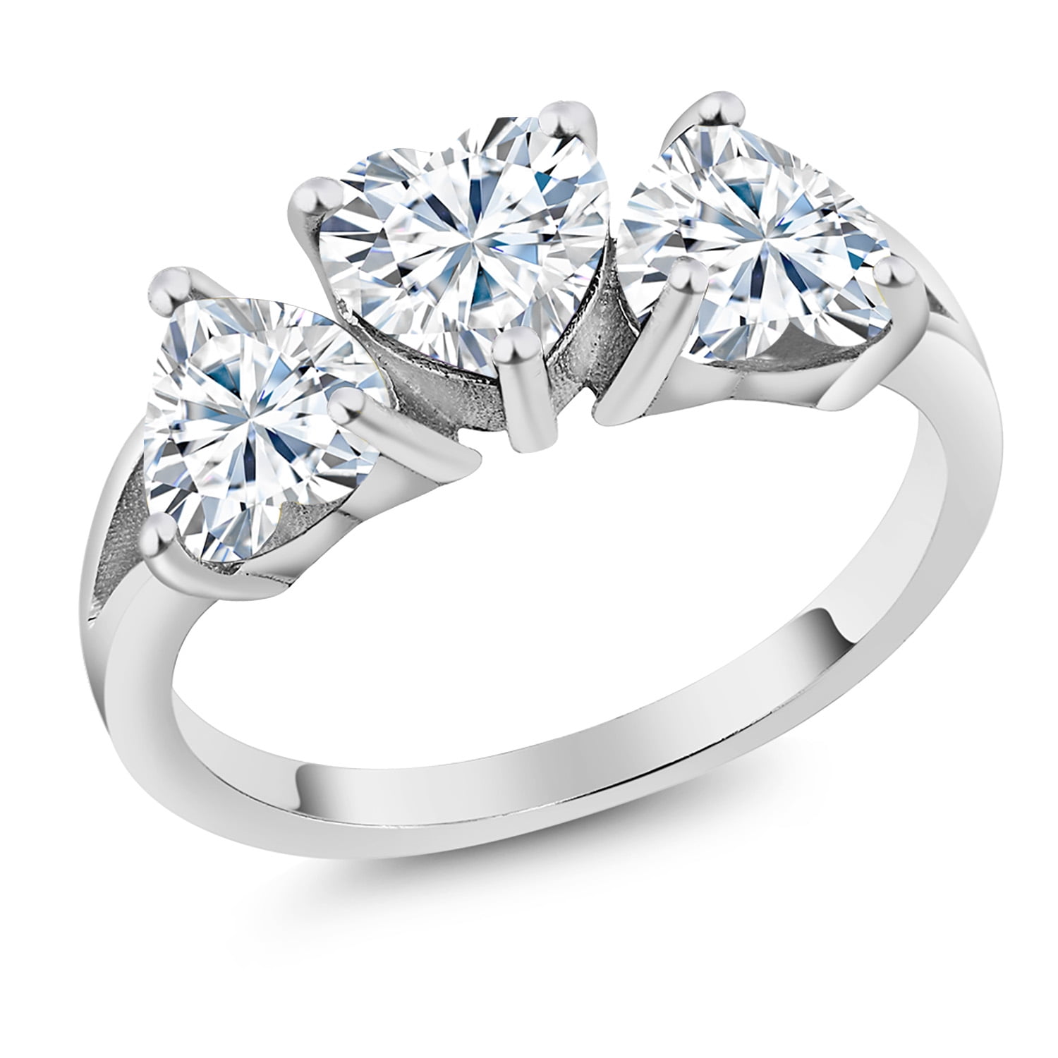 Gem Stone King 925 Sterling Silver 3-Stone Ring Heart Shape 2.40cttw Moissanite