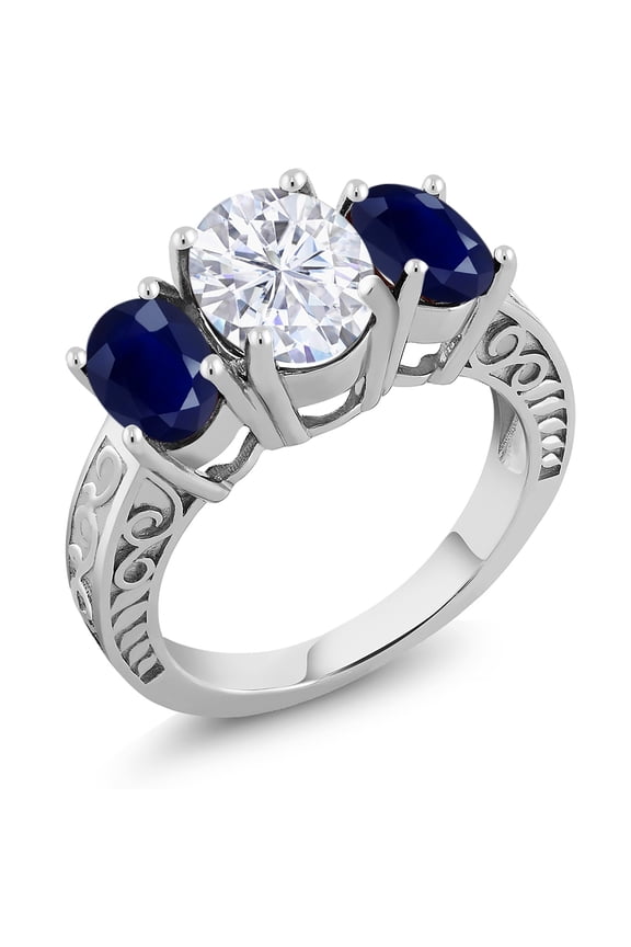 925 Sterling Silver 3-Stone Ring Near Colorless Oval 4.10cttw Moissanite and Sapphire (Size 5)