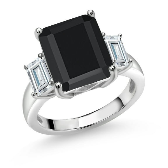 Gem Stone King 925 Sterling Silver 3-Stone Ring Set with Octagon Black Onyx and Moissanite (6.93 Cttw, Size 7)