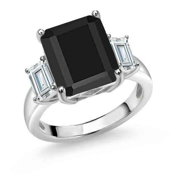 Gem Stone King 925 Sterling Silver 3-Stone Ring Set with Octagon Black Onyx and Moissanite (6.93 Cttw, Size 5)