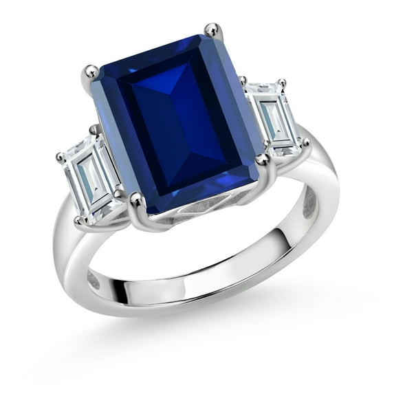 Gem Stone King 925 Sterling Silver 3-Stone Ring Set with Octagon Blue Simulated Sapphire and Moissanite (7.86 Cttw, Size 9)