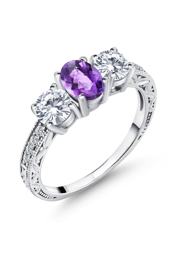 925 Sterling Silver 3-Stone Ring Oval/Checkerboard Purple Amethyst and Moissanite 1.87cttw (Size 9)