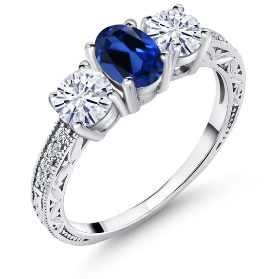 Gem Stone King 925 Sterling Silver 3-Stone Ring Oval Created Sapphire Moissanite (2.12 Cttw)