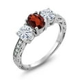thumbnail image 1 of Gem Stone King 925 Sterling Silver 3-Stone Ring Oval Garnet Moissanite(1.99 Cttw) (Size 9), 1 of 4