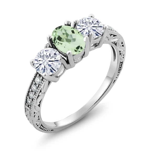 Gem Stone King 925 Sterling Silver 3-Stone Ring Oval Prasiolite Moissanite(1.87 Cttw) (Size 9)