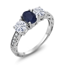 Gem Stone King 925 Sterling Silver 3-Stone Ring Oval Sapphire Moissanite(2.12 Cttw) (Size 8)