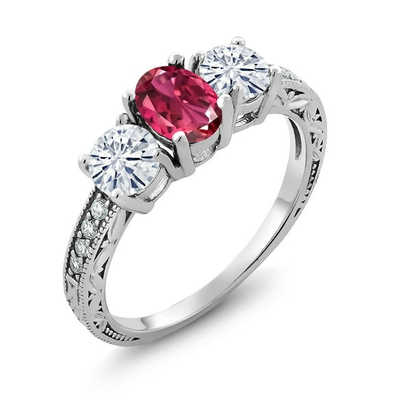 Gem Stone King 925 Sterling Silver 3-Stone Ring Oval Tourmaline Moissanite(1.97 Cttw) (Size 5)