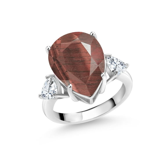 Gem Stone King 925 Sterling Silver 3-Stone Ring Pear Shape Tiger Eye Moissanite (7.94 Cttw)