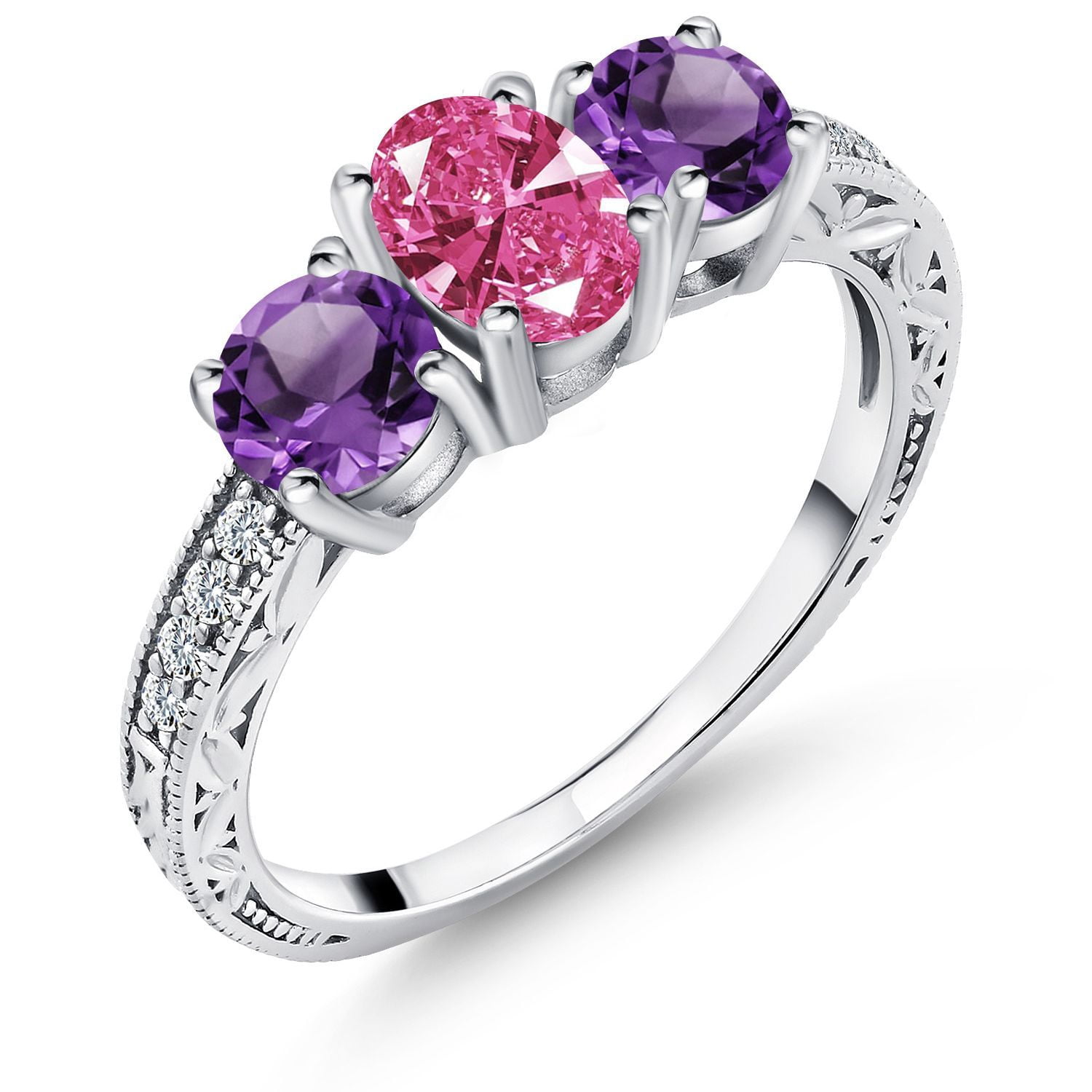 Gem Stone King 1.83 Cttw Purple Amethyst and Pink Zirconia 3-Stone Ring for Women | 925 Sterling Silver | Wedding Engagement Anniversary Promise Ring for Women | Size 5, 6, 7, 8, 9 | Size 8