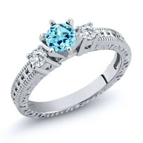 Gem Stone King 925 Sterling Silver 3-Stone Ring Round Blue Apatite and Moissanite (0.70 Cttw, Size 6)