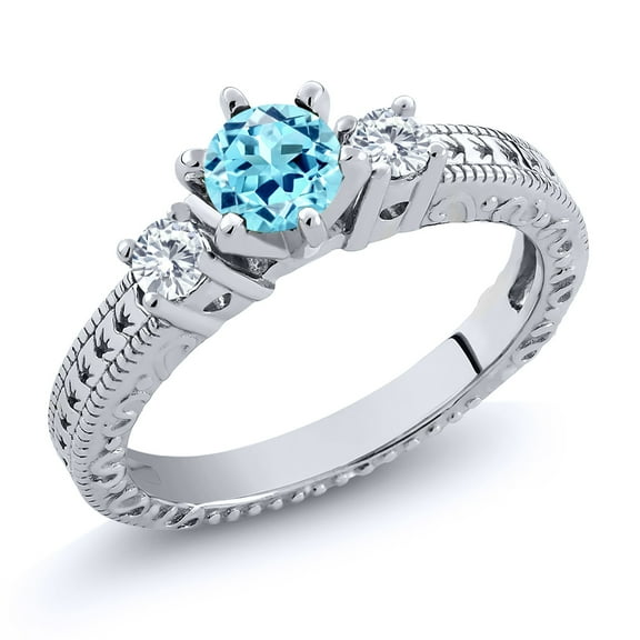 Gem Stone King 925 Sterling Silver 3-Stone Ring Round Blue Apatite and Moissanite (0.70 Cttw, Size 6)