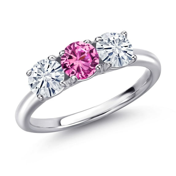 Gem Stone King 925 Sterling Silver Pink Created Sapphire and White Moissanite Engagement Ring for Women | 1.55 Cttw | Round 5MM | Gemstone September Birthstone | Size 8