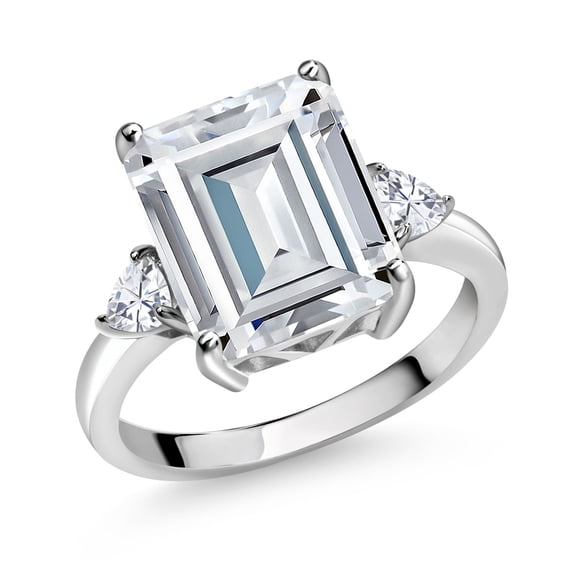 Gem Stone King 925 Sterling Silver 3-Stone Ring Set with Emerald Cut Moissanite (7.70 Cttw) (Size 5)
