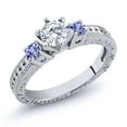 thumbnail image 1 of Gem Stone King 925 Sterling Silver 3-Stone Ring Set with Round Moissanite and Tanzanite (0.80 Cttw, Size 7), 1 of 2