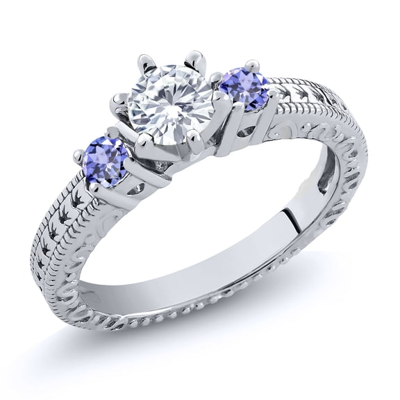 Gem Stone King 925 Sterling Silver 3-Stone Ring Set with Near Colorless (GH, Size 5) Round Moissanite and Tanzanite (0.80 Cttw, Size 5)