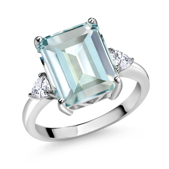 Gem Stone King 5.73 Cttw 3-Stone Ring with Sky Blue Simulated Aquamarine and White Moissanite | Emerald Cut 14X10MM and 3.5MM Trillion | Gemstone Birthstone (Size 7)