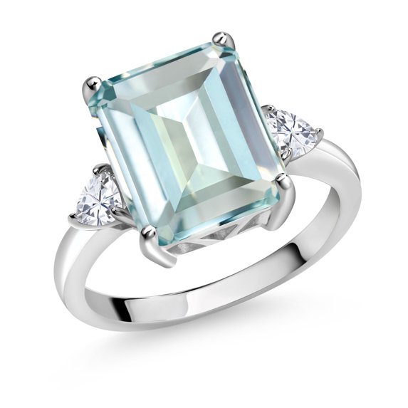 Gem Stone King 5.73 Cttw 3-Stone Ring with Sky Blue Simulated Aquamarine and White Moissanite | Emerald Cut 14X10MM and 3.5MM Trillion | Gemstone Birthstone (Size 5)