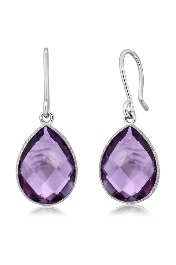 925 Sterling Silver Amethyst Dangle Earrings for Women (13.00 Cttw, Gemstone Birthstone, Faceted Pear Shape 16X12MM)