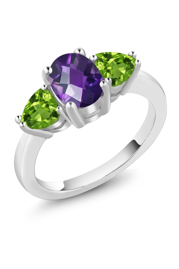 925 Sterling Silver Amethyst and Peridot 3-Stone Ring for Women (1.96 Ct Checkerboard, Size 5)
