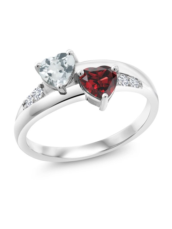 925 Sterling Silver Aquamarine Garnet and Lab Grown Diamond Women Engagement Ring (1.01 Ct Heart Shape, Gemstone Birthstone, Size 8)