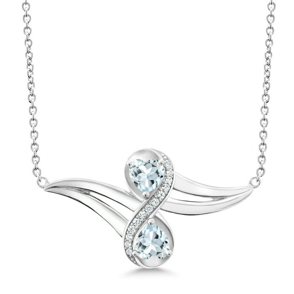 Gem Stone King 925 Sterling Silver Aquamarine and White Created Sapphire 2 Heart Shape Pendant Necklace for Women (0.96 Cttw, Heart Shape 5MM, with 18 inch Silver Chain)