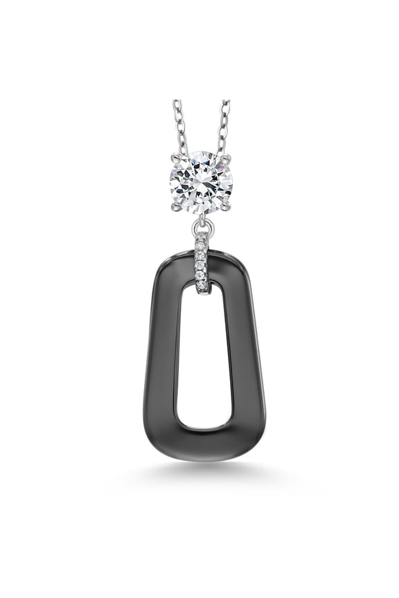 925 Sterling Silver Black Ceramic and White Cubic Zirconia Pendant Necklace for Women with 18 inch Chain