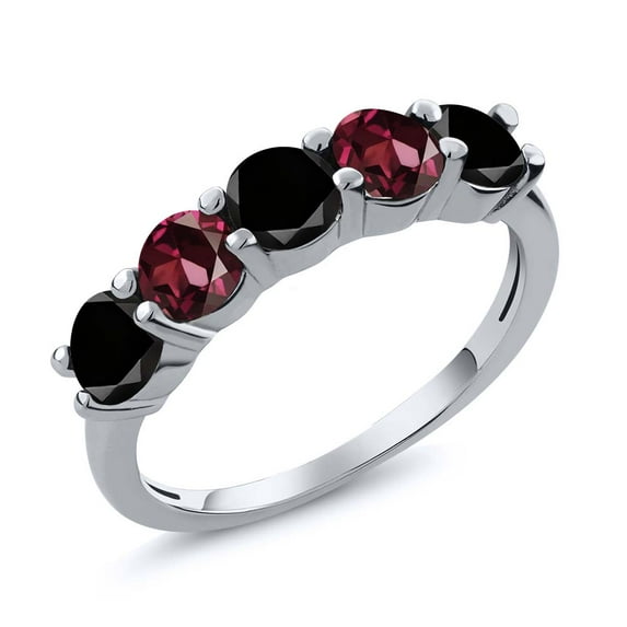 Gem Stone King 925 Sterling Silver Black Diamond and Red Rhodolite Garnet Wedding Band Ring for Women (0.95 Cttw, Round 3.5MM, Gemstone April Birthstone, Size 6)