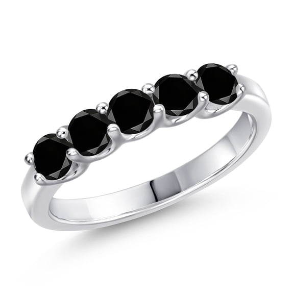 Gem Stone King 925 Sterling Silver Black Diamond Wedding-Bands Ring for Women | 0.85 Cttw | Round 3.5MM | Gemstone April Birthstone | Size 5