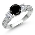 thumbnail image 1 of Gem Stone King 925 Sterling Silver Black Diamond White Created Sapphire and White Moissanite Engagement Ring for Women (2.38 Cttw, Gemstone April Birthstone, Round 7MM and 4MM, Size 5), 1 of 3