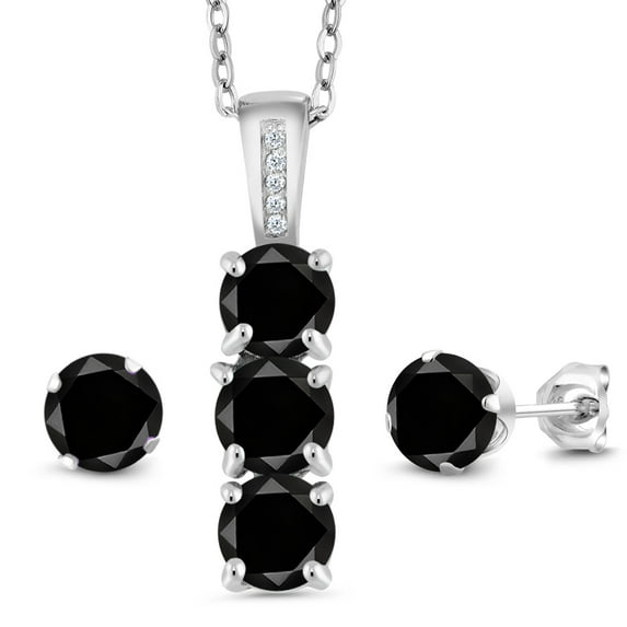 Gem Stone King 925 Sterling Silver Black Diamond and White Diamond Pendant and Earrings Jewelry Set for Women (2.79 Cttw, Gemstone April Birthstone, Round 5MM, with 18 inch Chain)